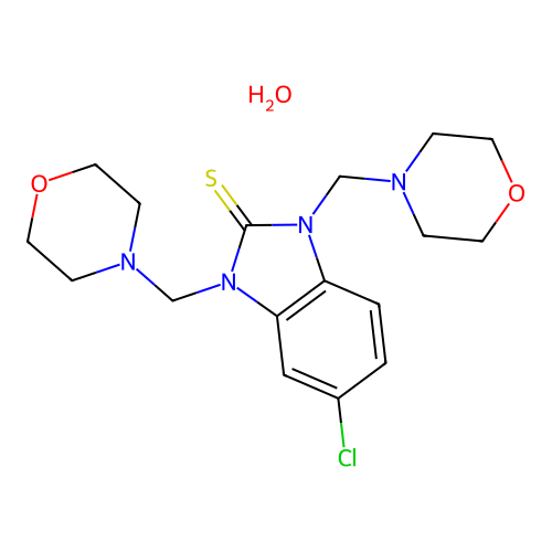 2H-Benzimidazole-2-thione, 5-chloro-1,3-dihydro-1,3-bis(4-morpholinylmethyl)-, hydrate structure
