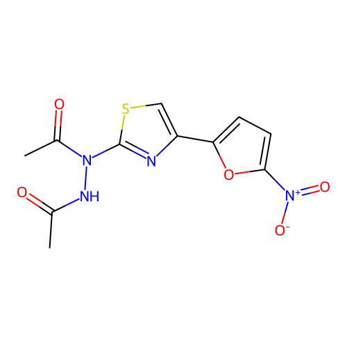 N'-acetyl-N'-[4-(5-nitrofuran-2-yl)-1,3-thiazol-2-yl]acetohydrazide structure