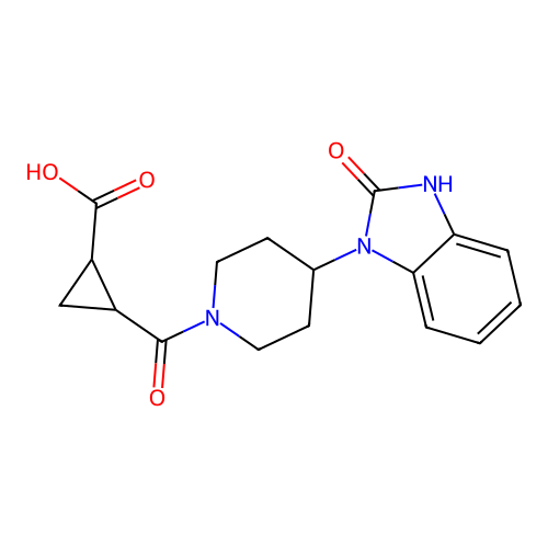 2-[4-(2-oxo-3H-benzimidazol-1-yl)piperidine-1-carbonyl]cyclopropane-1-carboxylic acid structure