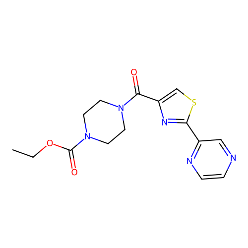 Ethyl 4-(2-(pyrazin-2-yl)thiazole-4-carbonyl)piperazine-1-carboxylate structure