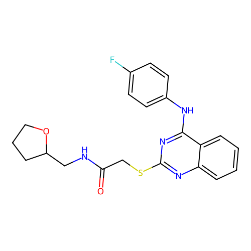 2-[4-(4-fluoroanilino)quinazolin-2-yl]sulfanyl-N-(oxolan-2-ylmethyl)acetamide structure