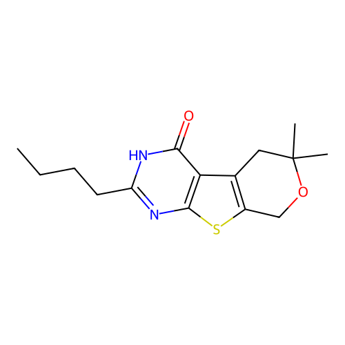 2-butyl-6,6-dimethyl-3,5,6,8-tetrahydro-4H-pyrano[4',3':4,5]thieno[2,3-d]pyrimidin-4-one structure