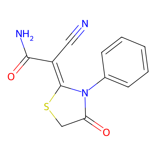 (Z)-2-cyano-2-(4-oxo-3-phenylthiazolidin-2-ylidene)acetamide structure