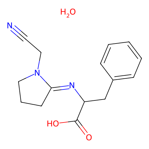 1-Cyanomethyl-2-(N-(1-carboxy-2-phenylethyl))iminopyrrolidine hydrate structure