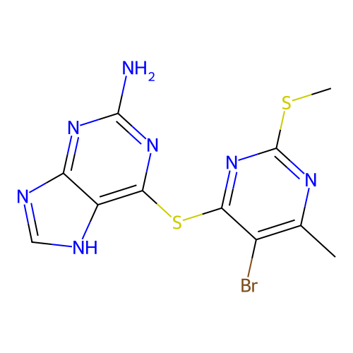 6-(5-bromo-6-methyl-2-methylsulfanylpyrimidin-4-yl)sulfanyl-7H-purin-2-amine structure