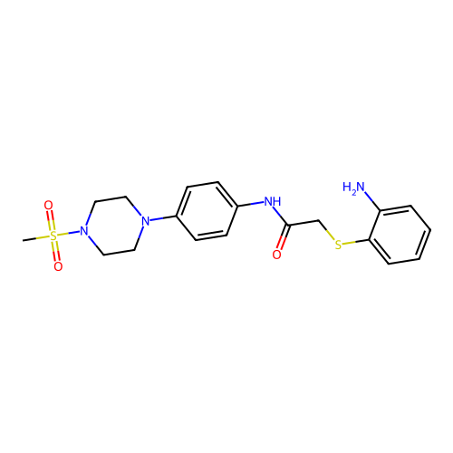 2-[(2-aminophenyl)sulfanyl]-N-{4-[4-(methylsulfonyl)-1-piperazinyl]phenyl}acetamide structure