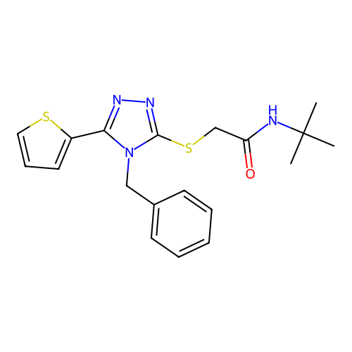 2-[(4-benzyl-5-thiophen-2-yl-1,2,4-triazol-3-yl)sulfanyl]-N-tert-butylacetamide structure