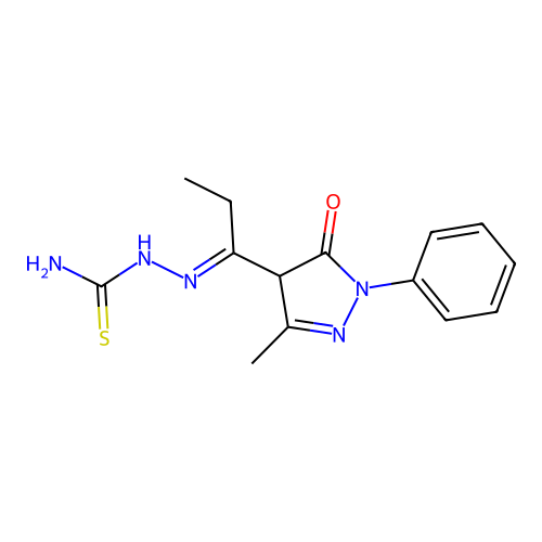[1-(3-methyl-5-oxo-1-phenyl-4H-pyrazol-4-yl)propylideneamino]thiourea structure