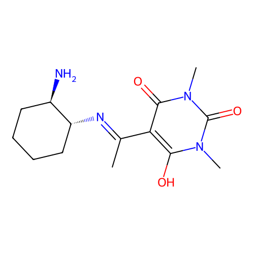 5-[N-[(1R,2R)-2-aminocyclohexyl]-C-methylcarbonimidoyl]-6-hydroxy-1,3-dimethylpyrimidine-2,4-dione structure