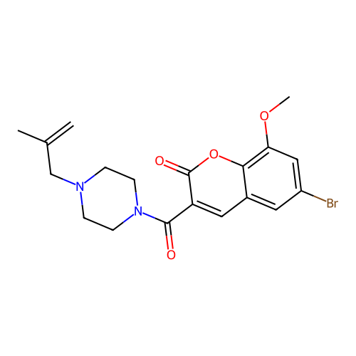 6-bromo-8-methoxy-3-(4-(2-methylallyl)piperazine-1-carbonyl)-2H-chromen-2-one structure