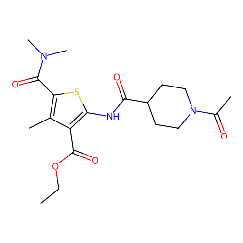 ethyl 2-(1-acetylpiperidine-4-carboxamido)-5-(dimethylcarbamoyl)-4-methylthiophene-3-carboxylate structure