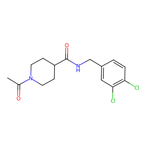 1-acetyl-N-[(3,4-dichlorophenyl)methyl]piperidine-4-carboxamide structure
