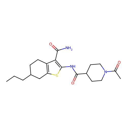 1-acetyl-N-(3-carbamoyl-6-propyl-4,5,6,7-tetrahydro-1-benzothiophen-2-yl)piperidine-4-carboxamide structure