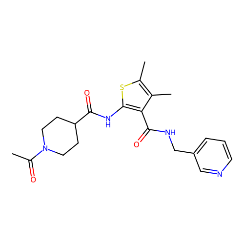 1-acetyl-N-[4,5-dimethyl-3-(pyridin-3-ylmethylcarbamoyl)thiophen-2-yl]piperidine-4-carboxamide structure