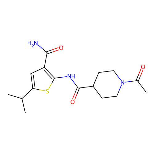 1-acetyl-N-(3-carbamoyl-5-propan-2-ylthiophen-2-yl)piperidine-4-carboxamide structure