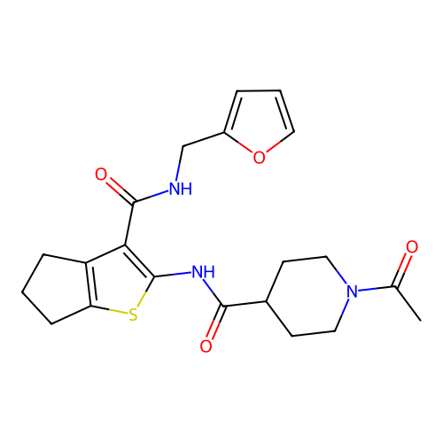 1-acetyl-N-[3-(furan-2-ylmethylcarbamoyl)-5,6-dihydro-4H-cyclopenta[b]thiophen-2-yl]piperidine-4-carboxamide structure