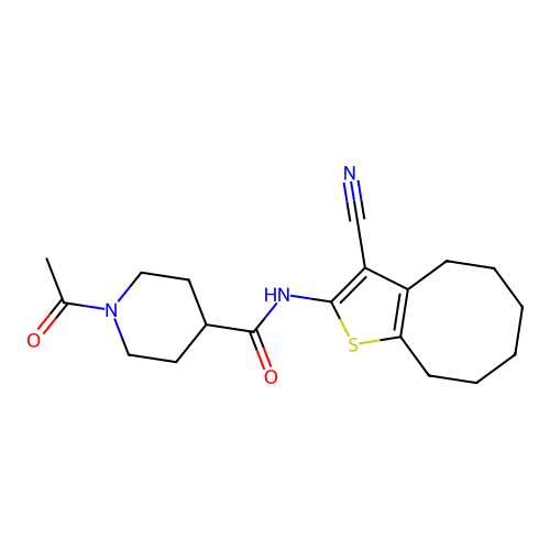 1-acetyl-N-(3-cyano-4,5,6,7,8,9-hexahydrocycloocta[b]thiophen-2-yl)piperidine-4-carboxamide structure