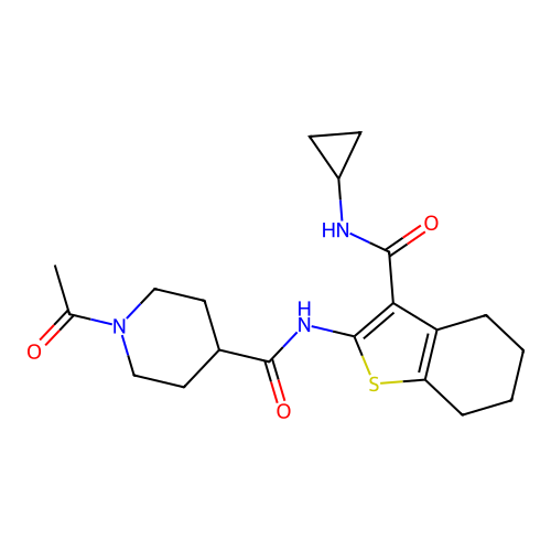 1-acetyl-N-[3-(cyclopropylcarbamoyl)-4,5,6,7-tetrahydro-1-benzothiophen-2-yl]piperidine-4-carboxamide structure