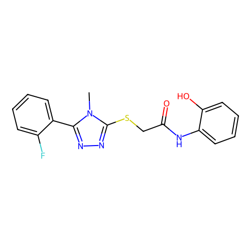 2-[[5-(2-fluorophenyl)-4-methyl-1,2,4-triazol-3-yl]sulfanyl]-N-(2-hydroxyphenyl)acetamide structure
