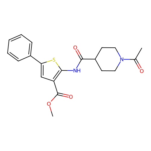methyl 2-(1-acetylpiperidine-4-carboxamido)-5-phenylthiophene-3-carboxylate structure