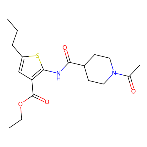 ethyl 2-(1-acetylpiperidine-4-carboxamido)-5-propylthiophene-3-carboxylate structure