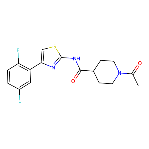 1-acetyl-N-[4-(2,5-difluorophenyl)-1,3-thiazol-2-yl]piperidine-4-carboxamide structure