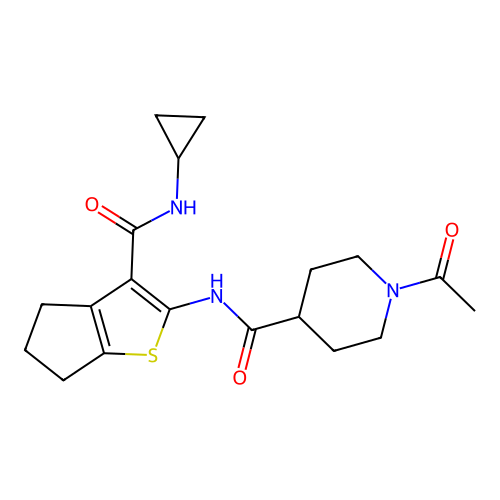 1-acetyl-N-[3-(cyclopropylcarbamoyl)-5,6-dihydro-4H-cyclopenta[b]thiophen-2-yl]piperidine-4-carboxamide structure