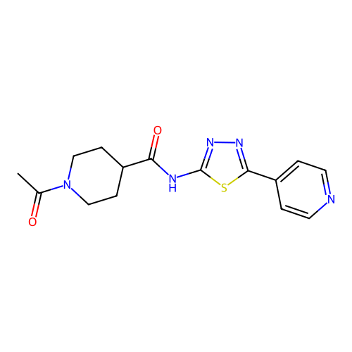 1-acetyl-N-(5-pyridin-4-yl-1,3,4-thiadiazol-2-yl)piperidine-4-carboxamide structure