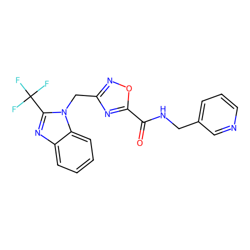N-(pyridin-3-ylmethyl)-3-[[2-(trifluoromethyl)benzimidazol-1-yl]methyl]-1,2,4-oxadiazole-5-carboxamide structure