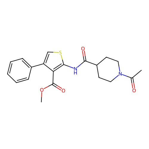 methyl 2-(1-acetylpiperidine-4-carboxamido)-4-phenylthiophene-3-carboxylate structure