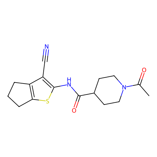 1-acetyl-N-(3-cyano-5,6-dihydro-4H-cyclopenta[b]thiophen-2-yl)piperidine-4-carboxamide structure