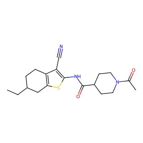 1-acetyl-N-(3-cyano-6-ethyl-4,5,6,7-tetrahydro-1-benzothiophen-2-yl)piperidine-4-carboxamide structure