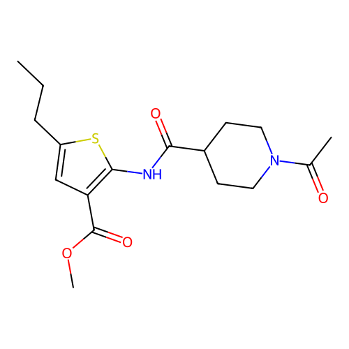 methyl 2-(1-acetylpiperidine-4-carboxamido)-5-propylthiophene-3-carboxylate structure