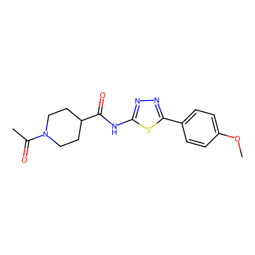 1-acetyl-N-[5-(4-methoxyphenyl)-1,3,4-thiadiazol-2-yl]piperidine-4-carboxamide structure