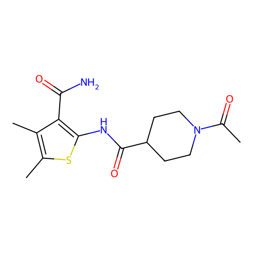 1-acetyl-N-(3-carbamoyl-4,5-dimethylthiophen-2-yl)piperidine-4-carboxamide structure