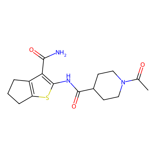 1-acetyl-N-(3-carbamoyl-5,6-dihydro-4H-cyclopenta[b]thiophen-2-yl)piperidine-4-carboxamide structure