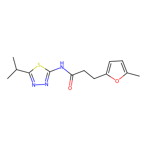 3-(5-methylfuran-2-yl)-N-(5-propan-2-yl-1,3,4-thiadiazol-2-yl)propanamide structure