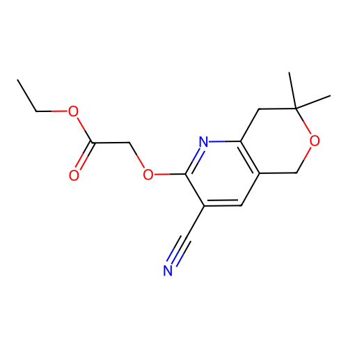 ethyl 2-((3-cyano-7,7-dimethyl-7,8-dihydro-5H-pyrano[4,3-b]pyridin-2-yl)oxy)acetate structure