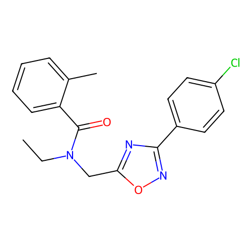 N-[[3-(4-chlorophenyl)-1,2,4-oxadiazol-5-yl]methyl]-N-ethyl-2-methylbenzamide structure