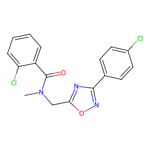 2-chloro-N-[[3-(4-chlorophenyl)-1,2,4-oxadiazol-5-yl]methyl]-N-methylbenzamide structure