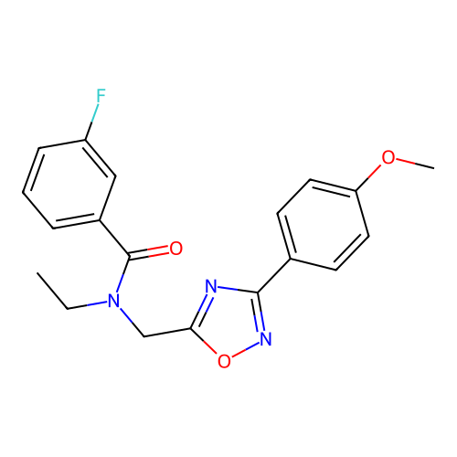 N-ethyl-3-fluoro-N-[[3-(4-methoxyphenyl)-1,2,4-oxadiazol-5-yl]methyl]benzamide structure