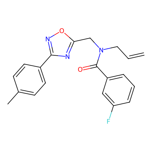 3-fluoro-N-[[3-(4-methylphenyl)-1,2,4-oxadiazol-5-yl]methyl]-N-prop-2-enylbenzamide structure