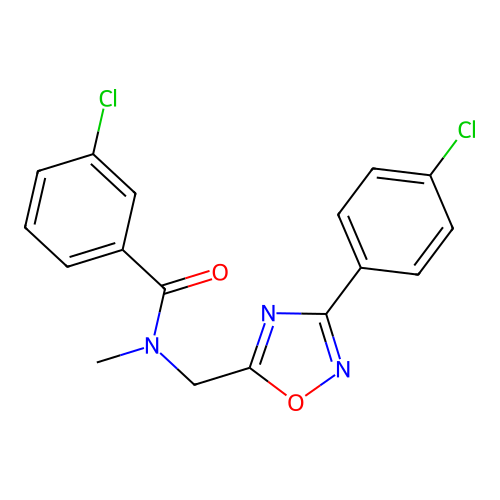 3-chloro-N-[[3-(4-chlorophenyl)-1,2,4-oxadiazol-5-yl]methyl]-N-methylbenzamide structure