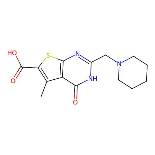 5-methyl-4-oxo-2-(piperidin-1-ylmethyl)-3,4-dihydrothieno[2,3-d]pyrimidine-6-carboxylic acid structure