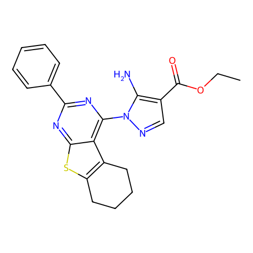 ethyl 5-amino-1-(2-phenyl-5,6,7,8-tetrahydro[1]benzothieno[2,3-d]pyrimidin-4-yl)-1H-pyrazole-4-carboxylate structure
