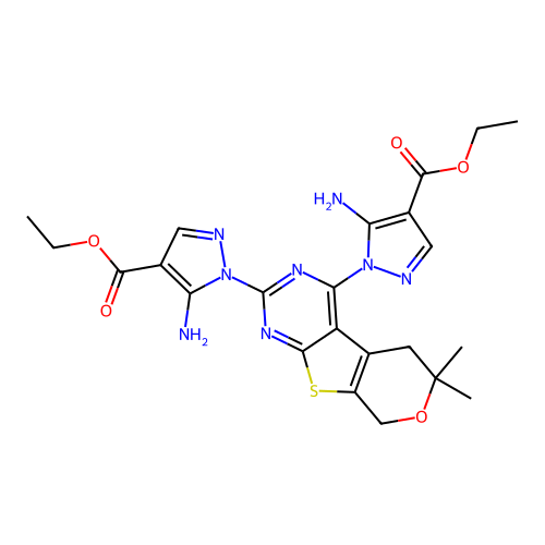 diethyl 1,1'-(6,6-dimethyl-6,8-dihydro-5H-pyrano[4',3':4,5]thieno[2,3-d]pyrimidine-2,4-diyl)bis(5-amino-1H-pyrazole-4-carboxylate) structure