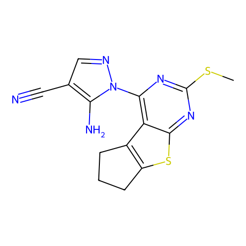 5-amino-1-(2-(methylthio)-6,7-dihydro-5H-cyclopenta[4,5]thieno[2,3-d]pyrimidin-4-yl)-1H-pyrazole-4-carbonitrile structure