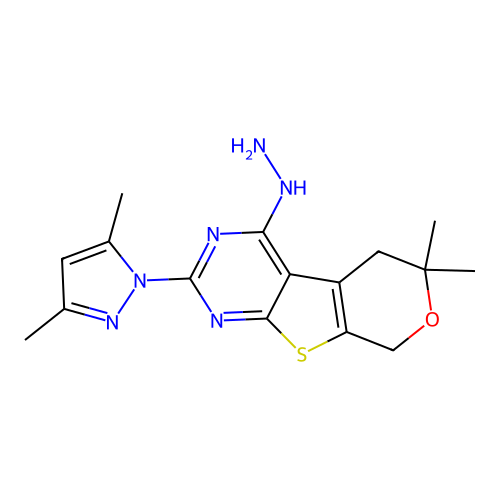 2-(3,5-dimethyl-1H-pyrazol-1-yl)-4-hydrazinyl-6,6-dimethyl-5,8-dihydro-6H-pyrano[4',3':4,5]thieno[2,3-d]pyrimidine structure