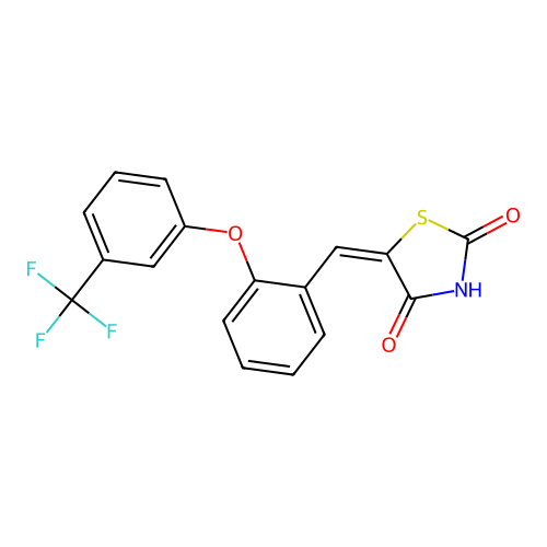 (5E)-5-({2-[3-(trifluoromethyl)phenoxy]phenyl}methylidene)-1,3-thiazolidine-2,4-dione structure