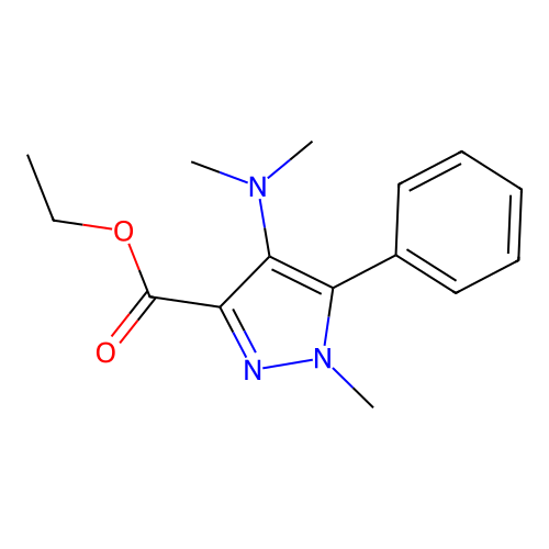 3-Pyrazolecarboxylic acid, 4-(dimethylamino)-1-methyl-5-phenyl-, ethyl ester structure